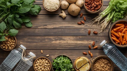 Healthy food ingredients on wooden table