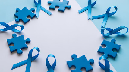 Blue puzzle pieces and ribbons arranged in a circular pattern on a light blue and white background