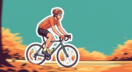 Naklejka premium Active cyclist in an orange jersey riding a road bicycle through a scenic autumn landscape, vector illustration style