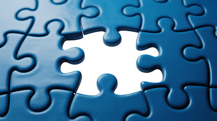 Blue puzzle pieces with one missing, forming a gap in the center