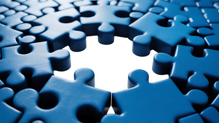 Blue puzzle pieces arranged in a circular pattern with a central gap, symbolizing incomplete connection or solution