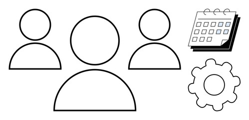 Three simplified human figures, a calendar icon, and a gear representing team collaboration, planning, and process optimization. Ideal for teamwork, scheduling, workflow, organization management