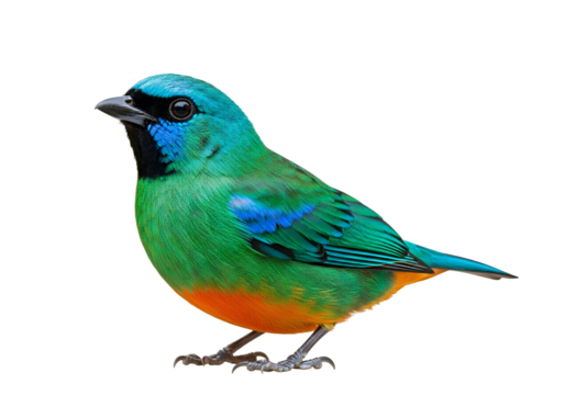 Vibrant, colorful finch, a striking profile portrait against a black backdrop, showcasing detailed plumage in shades of green, blue, and orange.