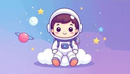 Cute astronaut child sitting on a cloud in space