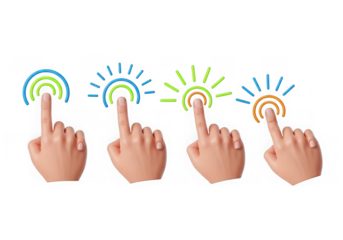 3d icon of fingers tapping on screen with colorful sunburst icons isolated on transparent background