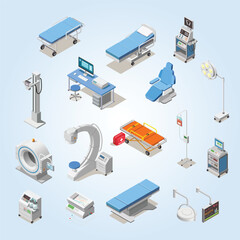 Obraz premium Isometric Medical Equipment and Furniture Illustration for Hospital Room Interior Design