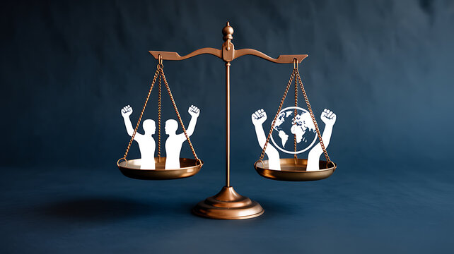 Balance scale with human figures and globe symbolizing global equality and justice