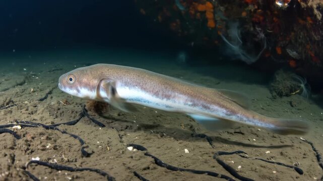 One Sarcastic Fringehead fish swims over sandy sea floor with anemones and dark water.