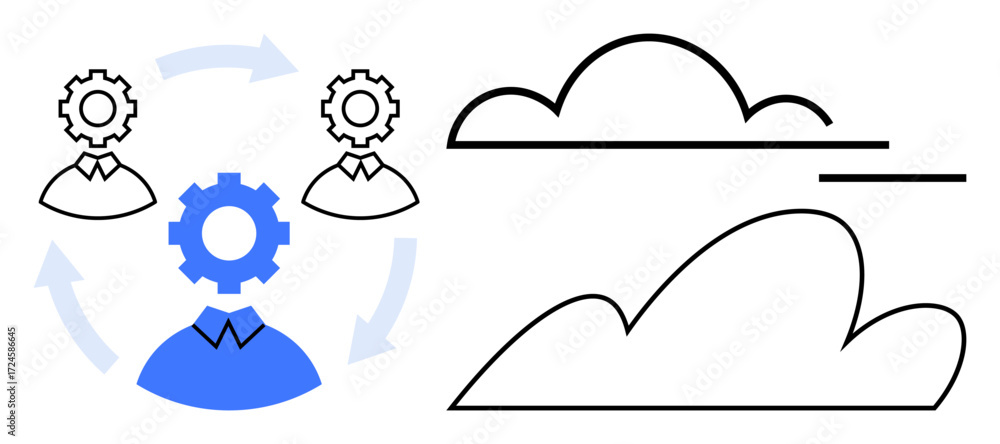 Poster people with gears representing teamwork and process cycles alongside minimal cloud outlines, symboli
