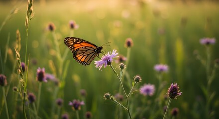 Monarch butterfly on purple flower in grassy field