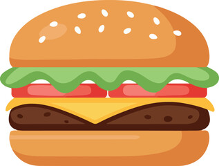 Delicious burger with fresh ingredients and sesame seeds on top bun.
