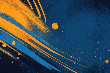 Abstract painting with vibrant orange and blue brushstrokes on a dark background