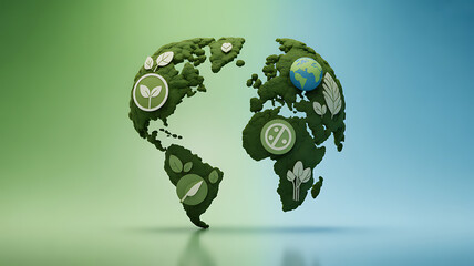 3D globe composed of green foliage with environmental icons representing sustainability and ecology