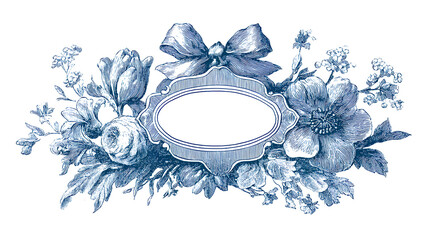 Blue vintage garden, flowers, plant and ornament. Wedding classic elegant  invitation. Vector illustration of engraving, ribbon, bow, vignette, frame, border, pattern, stamp for certificate