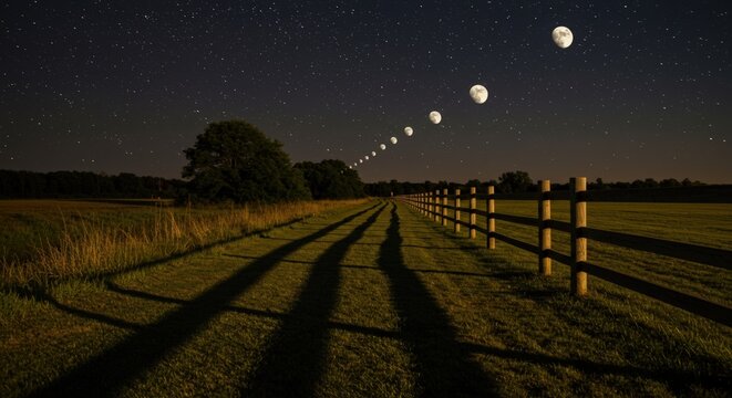 Moon phases across a countryside road at night