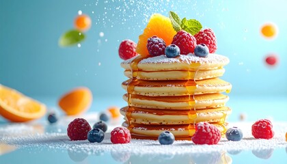 Stack of pancakes drizzled with syrup and topped with fruit, including raspberries and blueberries, sprinkled with sugar, against a light blue backdrop