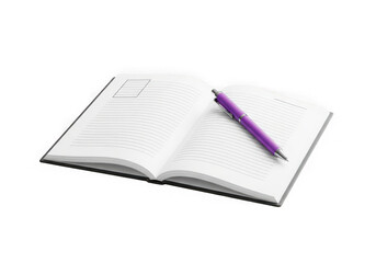 3d icon of open notebook with a purple pen on a transparent background