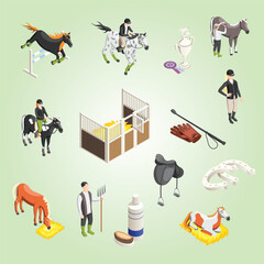 Isometric Detailed Equestrian Scene with Horse and Rider Equipment Illustration