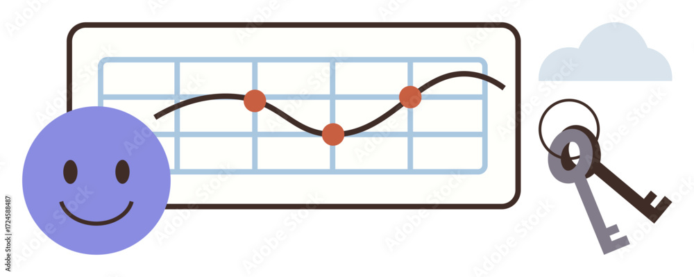 Poster smiling face, line graph with plotted data points, keys, and cloud element. ideal for analytics, suc