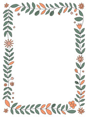 Hand drawn floral frame with leaves and flowers in muted green and orange colors