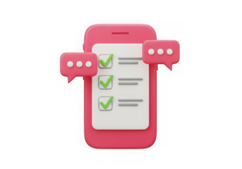 3d icon of 3d pink smartphone with checklist and chat bubbles isolated on transparent background