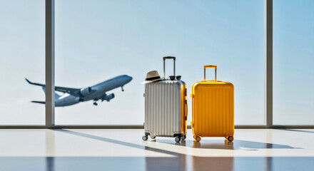 Two suitcases in an airport with a plane taking off in the background, symbolizing travel and adventure.