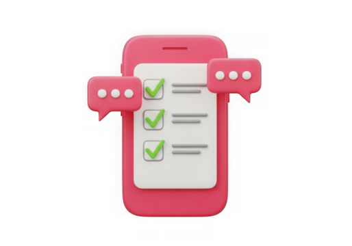 3d icon of 3d pink smartphone with checklist and chat bubbles isolated on transparent background