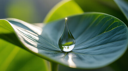 A water droplet rests on a green leaf, reflecting light and surrounding foliage in a close-up natural scene.