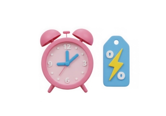 3d icon of pink alarm clock and blue tag with lightning bolt isolated on transparent background