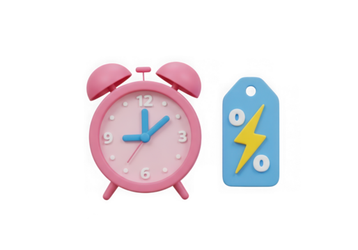 3d icon of pink alarm clock and blue tag with lightning bolt isolated on transparent background