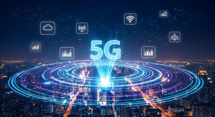 Experience blazing-fast 5G internet over vibrant cityscape with glowing network signals, perfect for telecommunications and technology promotions globally