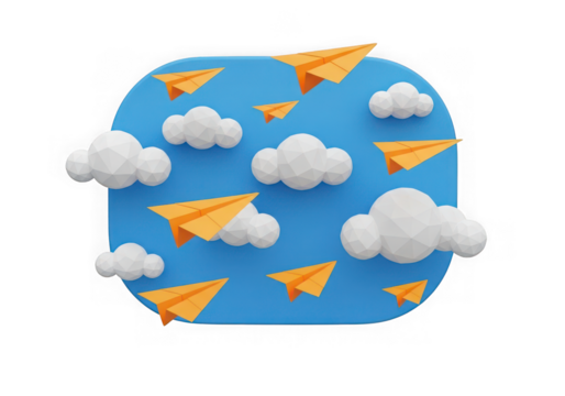 3d icon of paper airplanes flying in a blue sky with clouds isolated on transparent background - Powered by Adobe