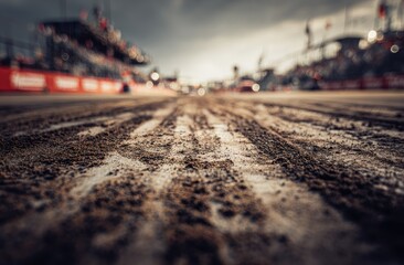 Muddy racetrack leading to blurry city