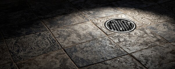 Ornate tile floor with drain