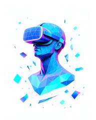 Futuristic poster design of a polygonal head with virtual reality goggles. Abstract 3D art for science and technology themes, isolated on a white template background.