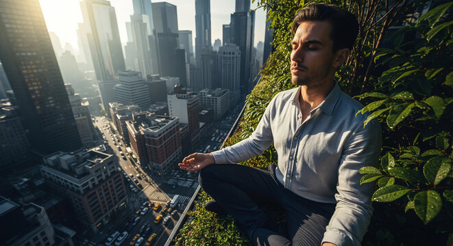 Man meditating on a rooftop garden overlooking the city - Powered by Adobe
