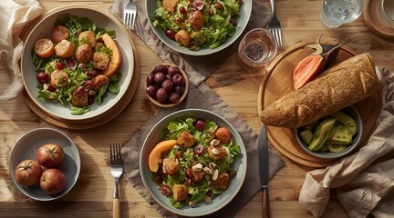 Healthy salad bowls with bread and fruits on wooden table