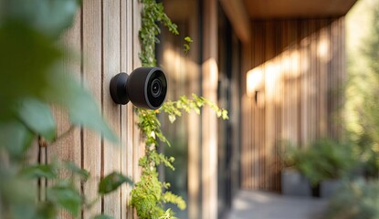 Exterior security camera on a modern wooden wall