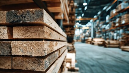 Obraz premium Wooden planks stacked in a warehouse