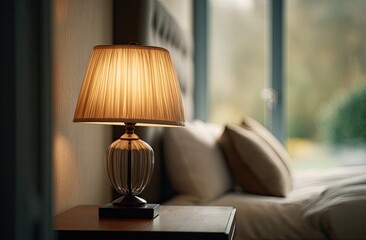 A warm bedside lamp illuminates a cozy bedroom