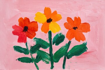 Child's painting of three flowers on a pink background