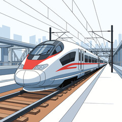 Fototapeta premium A sleek, modern high-speed train with red accents glides along a railway track, approaching a station platform with a city skyline in the background.