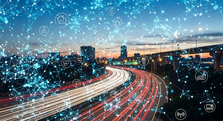 Connected city highway at dusk with digital network overlay, symbolizing smart transportation and innovative urban planning for a modern future