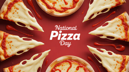 National Pizza Day celebration with slices of cheese pizza arranged on a red background
