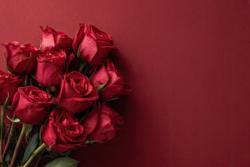 A close-up bouquet of deep red roses against a rich burgundy background