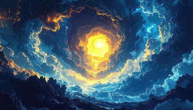 Ethereal vortex of clouds and light, with peaks silhouetted below, evoking a sense of awe and wonder in a surreal skyscape - Powered by Adobe