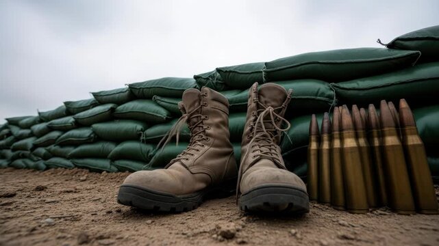 Military boots and ammunition against sandbags representing army, war, and security.