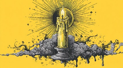 mystical occult illustration of a single lit candle on a pedestal surrounded by dark clouds
