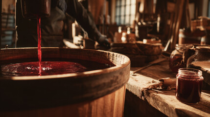 Deep crimson dye pouring into wooden vat in rustic workshop with jars and tools scattered on aged workbench in warm ambient light, creating an artisan atmosphere.