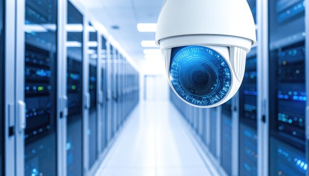 Security camera oversees a server room, rows of cabinets receding into the distance, bathed in blue hues, ensuring constant monitoring